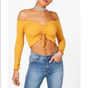 Mustard Yellow Off the should top from Boohoo